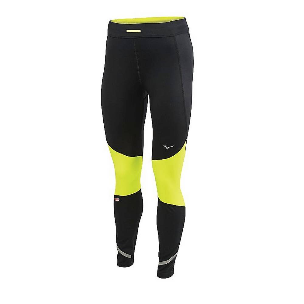 Leggings Mizuno Running Static Breath Thermo Windproof - Mulher - Pretas/Amarelas - KZQHD1932